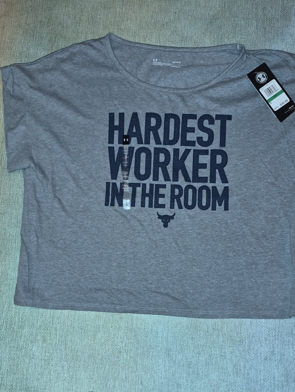 Under Armour Gray Crop Tee with Navy 'Hardest Worker' Graphic